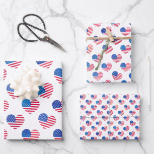 Patriotische rote blaue Sterne Streifen Herzflags Geschenkpapier Set