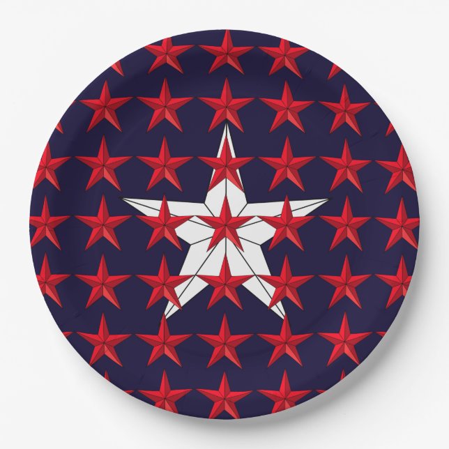 Patriotische rote Sterne auf blauem Feldpapier Pappteller (Vorderseite)