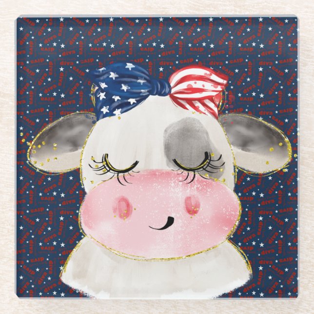 PATRIOTISCHE ROTE WEISSE BLUE COW GLASUNTERSETZER (Vorderseite)