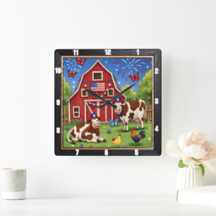 Patriotische Scheune Farm Feuerwerk Quadratische Wanduhr