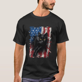 Patriotische schwarze Katze Torn American Flag 4. T-Shirt