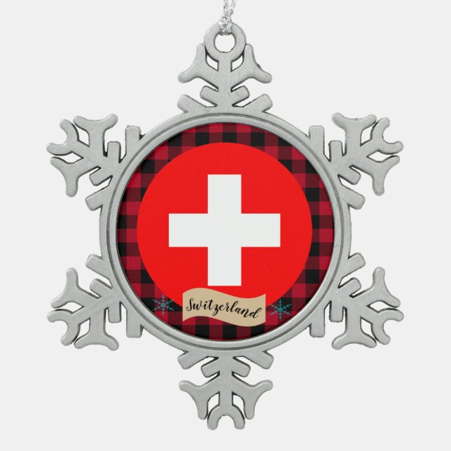 Patriotische Schweiz, Büffel kariert, Schweizer Fl Schneeflocken Zinn-Ornament (Vorderseite)