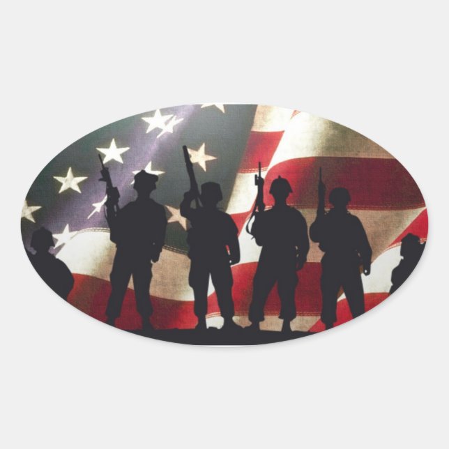 Patriotische Soldaten-Silhouetten Ovaler Aufkleber (Vorderseite)