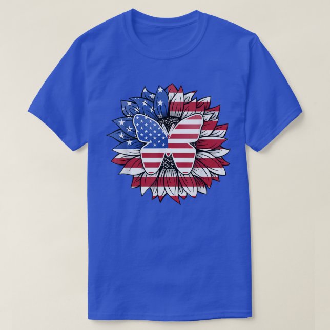Patriotische Sonnenblume mit Butterfly USA Flag 4. T-Shirt (Design vorne)