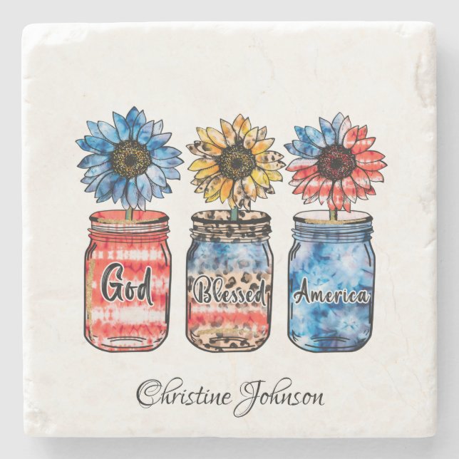 Patriotische Sonnenblumen in Jars | Gott segne Ame Steinuntersetzer (Vorderseite)