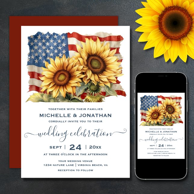 Patriotische Sonnenblumenhochzeit Einladung (Printed (Front and Back) and Digital Patriotic American Flag Sunflower Wedding Invitation)