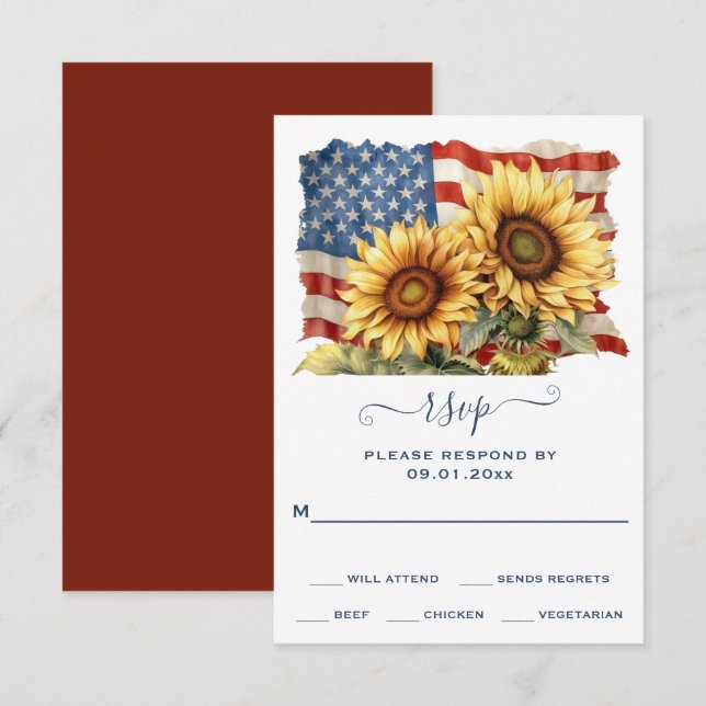 Patriotische Sonnenblumenhochzeit RSVP Karte (Vorne/Hinten)
