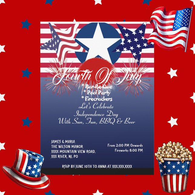 Patriotische Stars 4. Juli Firecracker GRILLEN Par Einladung (Patriotic Stars 4th July Firecrackers BBQ Party Invitation)