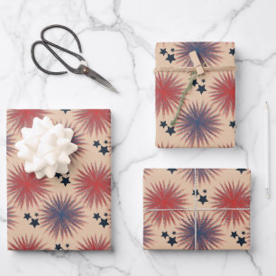 Patriotische Stars Fireworks White Blue Cream Geschenkpapier Set