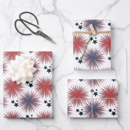 Patriotische Stars Fireworks White Blue Geschenkpapier Set