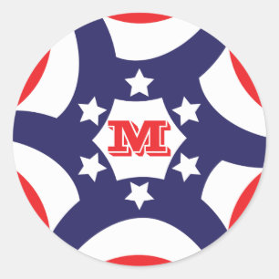 Patriotische Stars   Streifen Monogram Red White B Runder Aufkleber