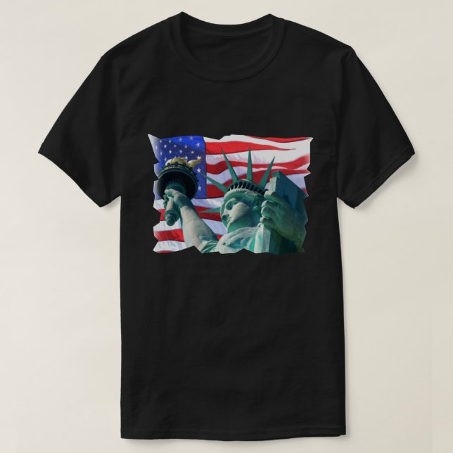 Patriotische Statue der Liberty Waving Flag USA T-Shirt (Design vorne)