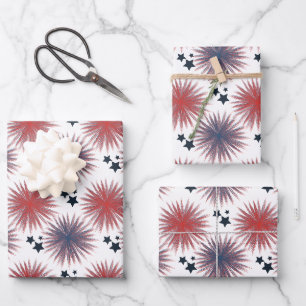 Patriotische Sternfeuerwerk Weiß Blau Geschenkpapier Set