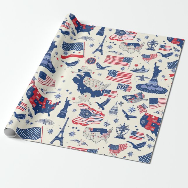 Patriotische Symbole - Freiheitsstatue, Flagge (2) Geschenkpapier (Ungerollt)