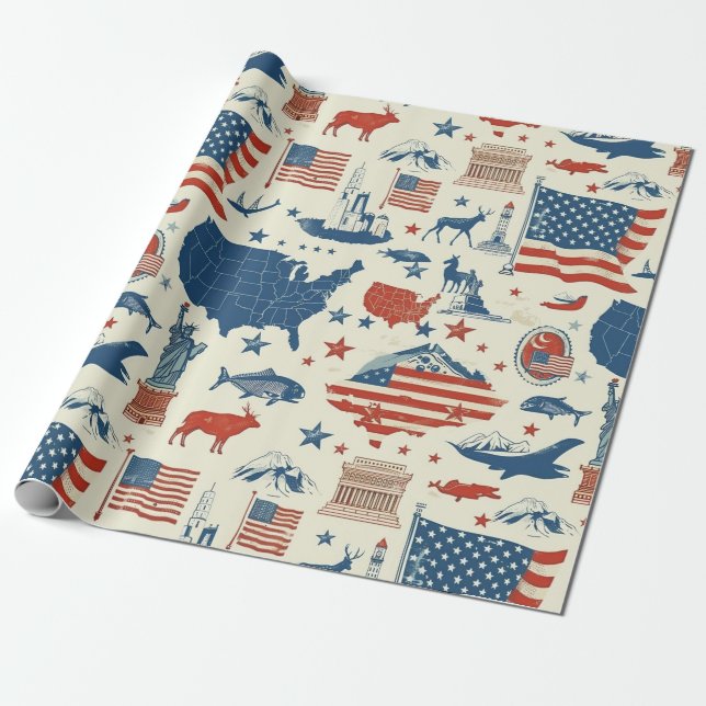 Patriotische Symbole - Freiheitsstatue, Flagge (3) Geschenkpapier (Ungerollt)