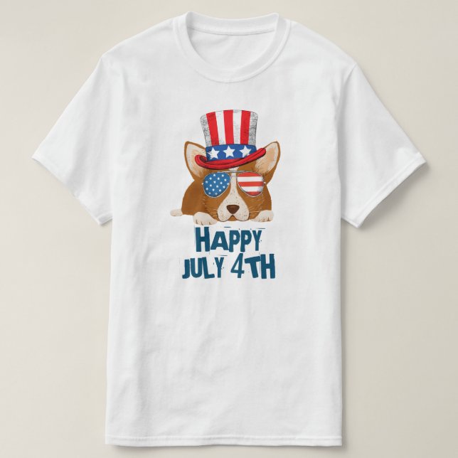 Patriotische US Flagge Hut und Glasses Corgi T-Shirt (Design vorne)