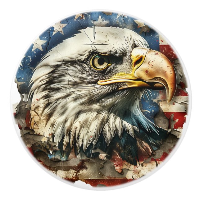 Patriotische US-Flagge Rustic Bald Eagle Keramikknauf (Vorderseite)