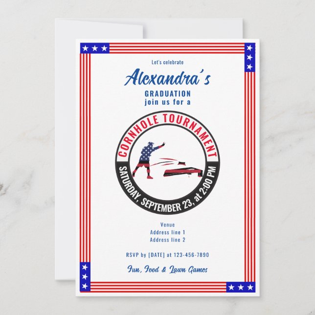 Patriotische US Sack Toss Cornhole Graduation Part Einladung (Vorderseite)