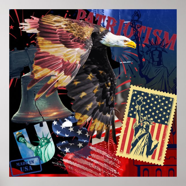 Patriotische Usa Eagle Briefmarke und Liberty Bell Poster (Vorne)