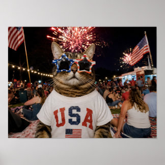 Patriotische USA-Katze in Sternbrille zum 4. Juli Poster
