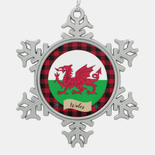 Patriotische Wales, Rote Büffel, karierte und wali Schneeflocken Zinn-Ornament
