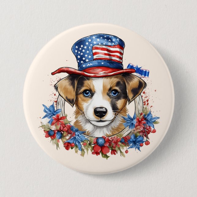 Patriotische Welpe 4. Juli USA Unabhängigkeitstag Button (Vorderseite)