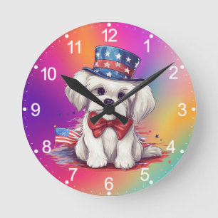 Patriotischer 4. Juli Weißer Süßer Hund-43568 Runde Wanduhr