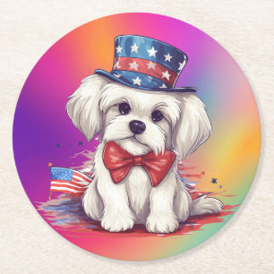 Patriotischer 4. Juli Weißer Süßer Hund-43568 Runder Pappuntersetzer