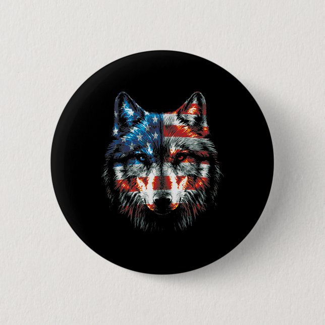 Patriotischer 4. Juli Wolf Amerikanischer US-Flagg Button (Vorderseite)