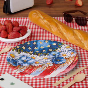 Patriotischer Amerikanischer Flagge Blumen Glitter Pappteller