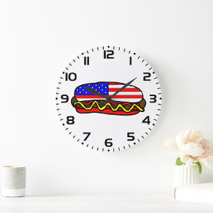 Patriotischer amerikanischer FlaggenHot Dog Große Wanduhr