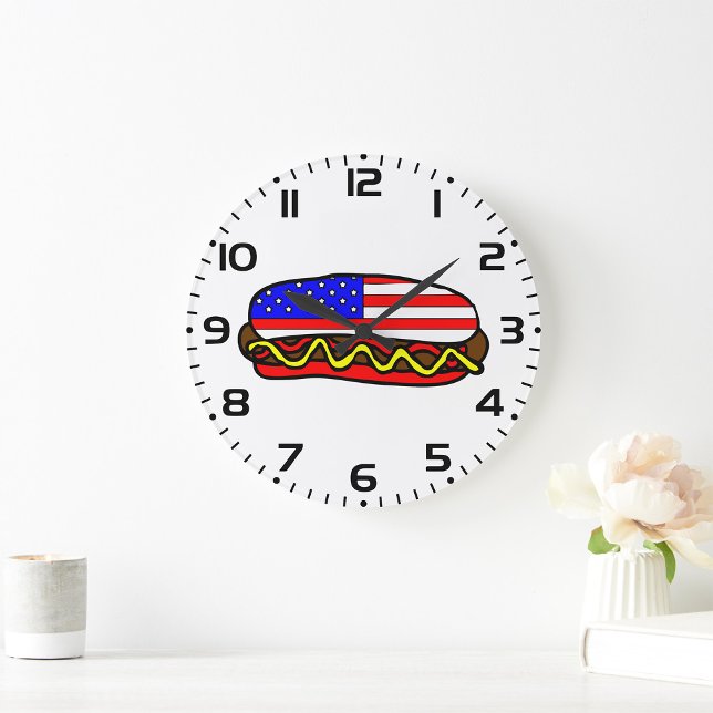 Patriotischer amerikanischer FlaggenHot Dog Große Wanduhr (Von Creator hochgeladen)