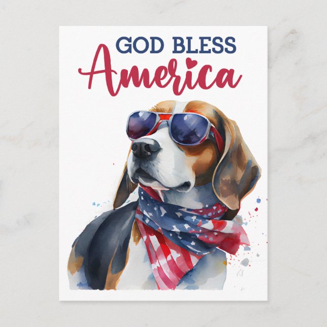 Patriotischer Beagle, Gott segne Amerika Postkarte (Vorderseite)