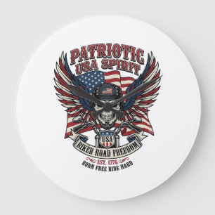 Patriotischer Biker-Totenkopf-Biker-Straßenfreihei Große Wanduhr