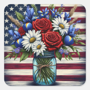 Patriotischer, blumengestresster Amerikaner Quadratischer Aufkleber