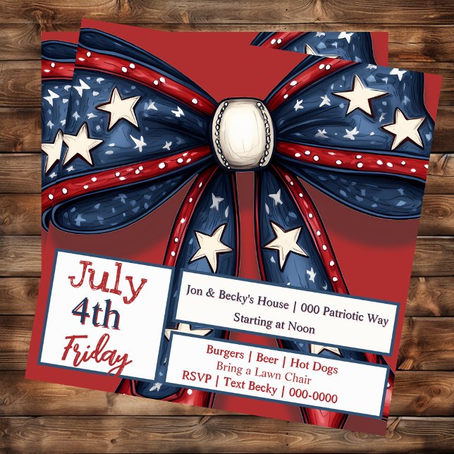 Patriotischer Bow in Rot Weiß und Blau mit Sternen Einladung (Stars and stripes on a flirty bow for Independence Day on customizable party invitation. )