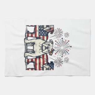 Patriotischer Bulldog-Feuerwerk-Vintage-Stich-Desi Geschirrtuch