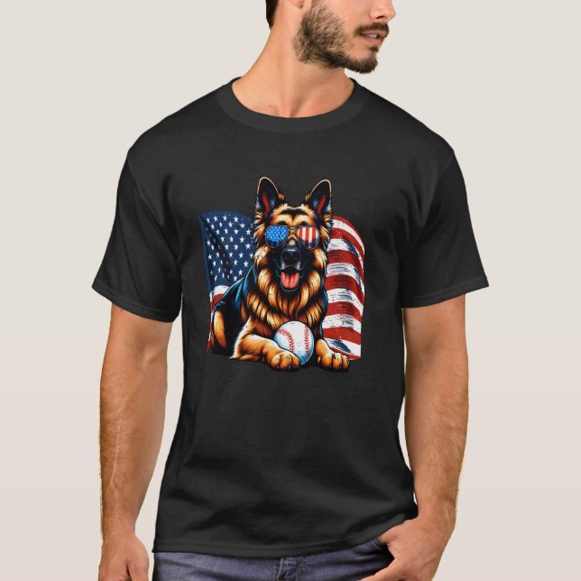 Patriotischer Deutscher Schäferhund Baseball Ameri T-Shirt (Vorderseite)