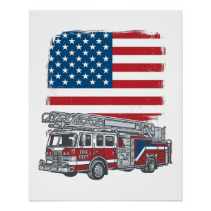Patriotischer Feuerwehren-Lkw Amerikanische Flagge Poster