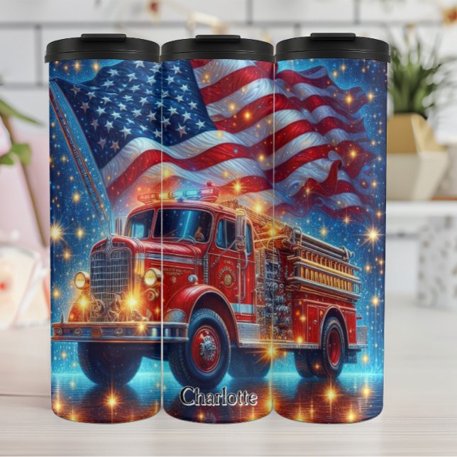 Patriotischer Feuerzug mit amerikanischer Flagge Thermosbecher (Von Creator hochgeladen)