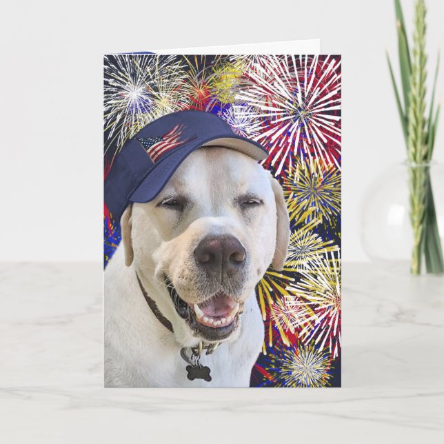 Patriotischer Geburtstagshund und Feuerwerk Karte (Vorderseite)