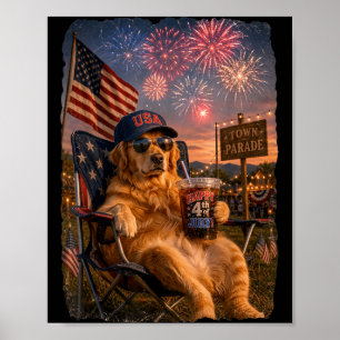 Patriotischer Golden Retriever trinkt Eiskaffee am Poster