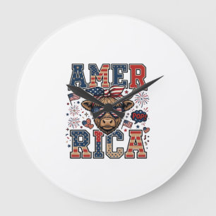 Patriotischer Highland Cow America 4. Juli Shirt_1 Große Wanduhr