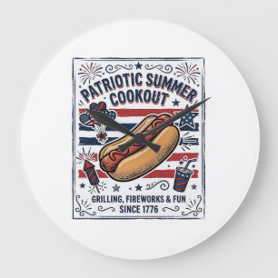 Patriotischer Hot Dog Vintage Grillfest Große Wanduhr