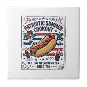 Patriotischer Hot Dog Vintage Grillparty Fliese