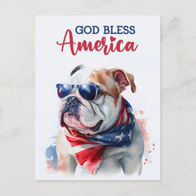 Patriotischer Hund Bulldog, Gott segne Amerika Pos Postkarte (Vorderseite)