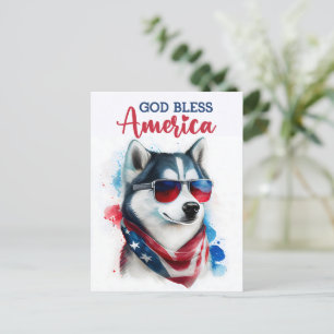 Patriotischer Hund-Husky, Gott segne Amerika Postk Postkarte