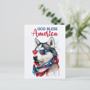 Patriotischer Hund-Husky, Gott segne Amerika Postk Postkarte