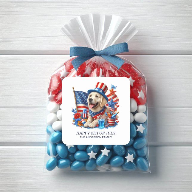 Patriotischer Hund Top Hat Red Blue Stars Streifen Runder Aufkleber (Sticker-Patriotic dog in a red, white, and blue top hat with the American flag)