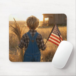 Patriotischer Junge mit amerikanischer Flagge und Mousepad